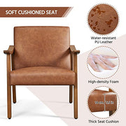 PU Leather Accent Chair, Mid-Century Modern Armchair with Solid Wood Legs, Reading Leisure Chair with High Back for Living Room Bedroom Waiting Room, Brown
