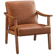 PU Leather Accent Chair, Mid-Century Modern Armchair with Solid Wood Legs, Reading Leisure Chair with High Back for Living Room Bedroom Waiting Room, Brown