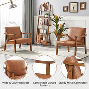 PU Leather Accent Chair, Mid-Century Modern Armchair with Solid Wood Legs, Reading Leisure Chair with High Back for Living Room Bedroom Waiting Room, Brown