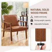 PU Leather Accent Chair, Mid-Century Modern Armchair with Solid Wood Legs, Reading Leisure Chair with High Back for Living Room Bedroom Waiting Room, Brown