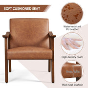 PU Leather Accent Chair, Mid-Century Modern Armchair with Solid Wood Legs, Reading Leisure Chair with High Back for Living Room Bedroom Waiting Room, Brown
