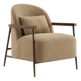 Accent Chair for Living Room, FSC Certified Modern Upholstered Faux Sherpa Fabric Armchair with Metal Frame and Wooden Armrests, Camel